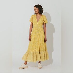 CLEOBELLA Alora Ankle Dress in Cassia Size Large Yellow Floral Midi Cottage